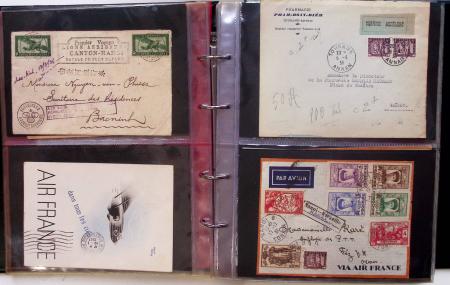 Album brun-rouge de 107 premiers vols vers l'Asie (1929 - 1973 dont 5.1.1934 courrier rapide de l'Emeraude 5.1.1934) dont nombreux Air France