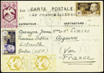 AOF n°111 + 112 + 152 en paire OBL Libreville (12 sept 44) sur carte interzones d'AEF "Courrier aérien AEF France libérée" (non signalée par Muller)