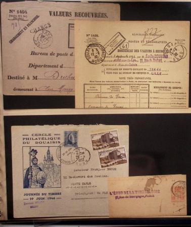 Album Safe bleu foncé : 103 plis de Douai : marques postales dont Ancien Régime, MP à numéros, lettres classiques dont n°3 obl. Grille + T15 Douai (1849)
