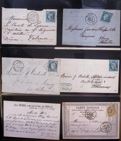 Album Safe bleu foncé : 103 plis de Douai : marques postales dont Ancien Régime, MP à numéros, lettres classiques dont n°3 obl. Grille + T15 Douai (1849)