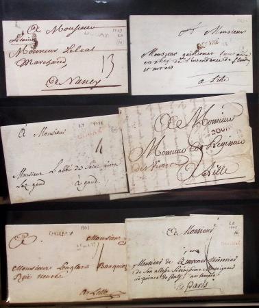 Album Safe bleu foncé : 103 plis de Douai : marques postales dont Ancien Régime, MP à numéros, lettres classiques dont n°3 obl. Grille + T15 Douai (1849)