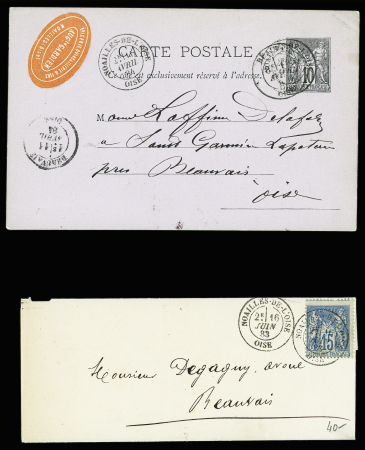 Oise : 43 plis de Noailles : MP à numéros , T12, n°3 obl. Grille + T15 "Noailles de l'Oise" (3 fev 49), lettres taxées dont taxe n°2 obl. T15 (oct 1859)