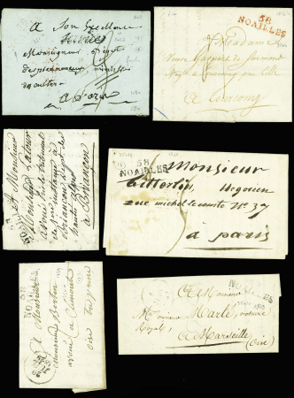 Oise : 43 plis de Noailles : MP à numéros , T12, n°3 obl. Grille + T15 "Noailles de l'Oise" (3 fev 49), lettres taxées dont taxe n°2 obl. T15 (oct 1859)