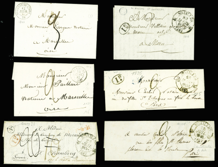 Oise : 43 plis de Noailles : MP à numéros , T12, n°3 obl. Grille + T15 "Noailles de l'Oise" (3 fev 49), lettres taxées dont taxe n°2 obl. T15 (oct 1859)