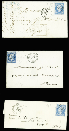 Oise : 43 plis de Noailles : MP à numéros , T12, n°3 obl. Grille + T15 "Noailles de l'Oise" (3 fev 49), lettres taxées dont taxe n°2 obl. T15 (oct 1859)