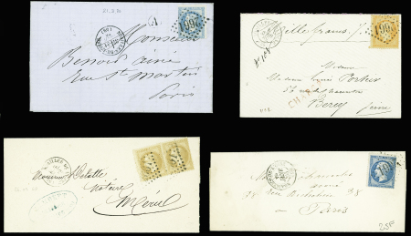 Oise : 43 plis de Noailles : MP à numéros , T12, n°3 obl. Grille + T15 "Noailles de l'Oise" (3 fev 49), lettres taxées dont taxe n°2 obl. T15 (oct 1859)