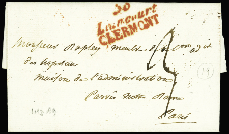Double cursive rouge "58 Liancourt Clermont" (1820), ind 19. TB