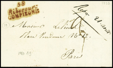 Double cursive rouge "58 Ribecourt Comppiègne", ind 19. TB