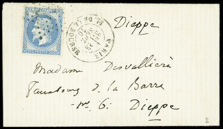 N°29 obl. Étoile 1 + CAD "Paris Pl. de la Bourse" (28 sept 70) pour Dieppe avec arrivée 14 oct