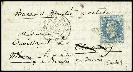 N°29 obl. Étoile 20 + CAD "Paris R. St DOMque St Gn 56" (9 oct 70) sur lettre pour Jessains (Aube) avec arrivée 22 oct (Le Washington ou le Louis Blanc)