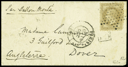 N°30 obl. étoile muette + CAD "Paris (60)" (14 oct 70) sur ballon monté pour Douvres avec arrivée 19 oct (Le Jules Favre n°1). TB