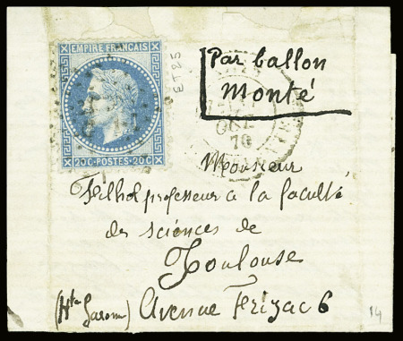 N°29 obl. Étoile 25 + CAD "Paris R. Serpente" (17 oct 70) sur petit ballon monté pour Toulouse, arrivée 22 oct (Le Victor Hugo). TB