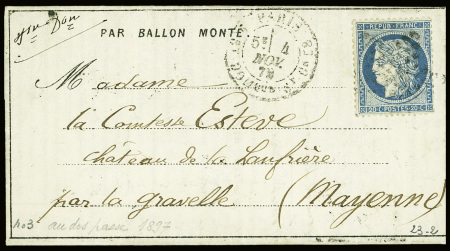 N°37 obl. Étoile 20 + CAD "Paris R. St DOMque St Gn 58" (4 nov 70) sur ballon monté pour La Gravelle (Mayenne). TB