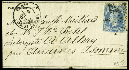 N°29 obl. Étoile 2 + CAD "Paris R. St Lazare" (9 nov 70) sur Gazette des Absents pour Airaines (Somme) avec arrivée 1 dec 70 (Le Daguerre). TB