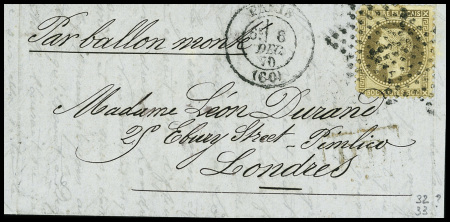 N°30 obl. Étoile muette + CAD "Paris (60)" (6 dec 70) sur ballon monté pour Londres avec arrivée 9 dec (Le Denis Papin ou l'Armée de Bretagne). TB