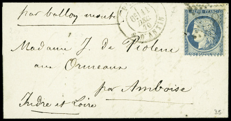 N°37 obl. Étoile 8 + CAD "Paris R. d'Antin" (11 dec 70) sur ballon monté pour Amboise, sans arrivée (La Ville de Paris, ballon capturé par les Allemands)