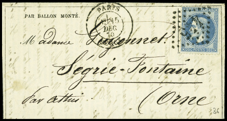 N°29 obl. GC 445 + CAD "Paris Bercy" (15 dec 1870) sur Gazette des Absents n°16 pour Segrie-Fontaine par Athis (Orne) sans arrivée (Le Parmentier). TB