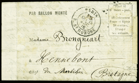 Formule "par ballon monté" avec CAD taxe "Paris 15c R. St Honoré" (15 dec 70) pour Hennebont (Morbihan) avec arrivée 28 dec
