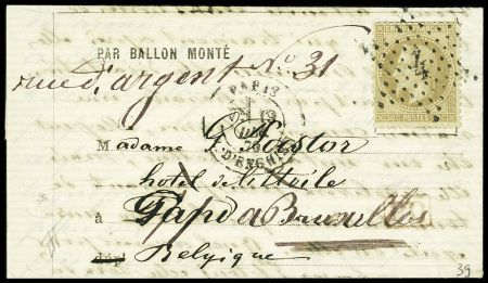 N°30 obl. Étoile 4 + CAD "Paris R. d'Enghien" (19 dec 70) sur ballon monté pour Gand (Belgique) avec arrivée 7 dec (Le Lavoisier). TB