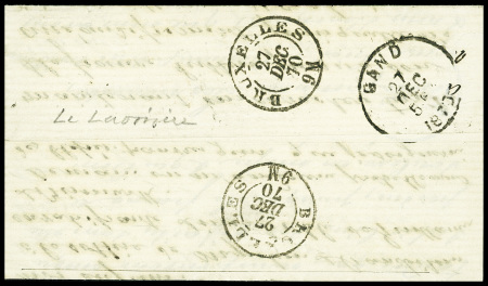 N°30 obl. Étoile 4 + CAD "Paris R. d'Enghien" (19 dec 70) sur ballon monté pour Gand (Belgique) avec arrivée 7 dec (Le Lavoisier). TB