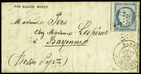 N°37 obl. Étoile 5 + CAD "Paris R. de Bondy" (27 dec 70) sur Gazette des Absents n°19 pour Bayonne avec arrivée 1 janv 71 (Le Bayard). TB