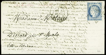 N°37 obl. Étoile 4 + CAD "Paris R. d'Enghien" (2 janv 71) sur ballon monté pour Dinard avec arrivée 10 janv 71 (Le Newton). TB