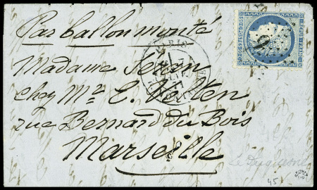 N°37 obl. Étoile 9 + CAD "Paris R. Montaigne" (7 janv 71) sur ballon monté pour Marseille avec arrivée 21 janv 71 (Le Duquesne). TB