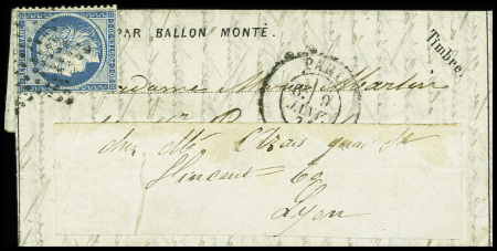 N°37 obl. Étoile muette + CAD "Paris (60)" (9 janv 71) sur ballon monté pour Neuville-les-Dames réexpédié à Lyon avec arrivée 15 janv 71 (Le Gambetta). TB