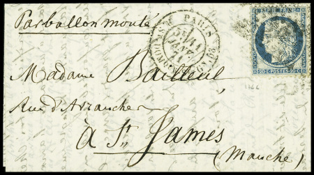 N°37 obl. Étoile 20 + CAD "Paris R. St DOMque St Gn 53" (11 janv 71) sur ballon monté pour St James (Manche) avec arrivée 21 janv 71. TB