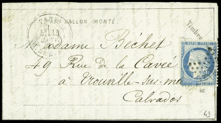 N°37 obl. Étoile 24 + CAD "Paris R. de Cléry" (14 janv 71) sur ballon monté pour Trouville (Calvados) avec arrivée 20 janv (Le Vaucanson). TB