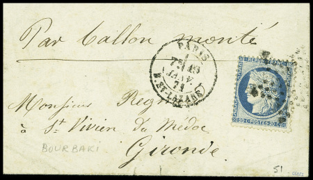 N°37 obl. Étoile 2 + CAD "Paris R. St Lazare" (19 janv 71) sur ballon monté pour St Vivien-de-Médoc (Gironde), sans arrivée (Le Général Bourbaki). TB