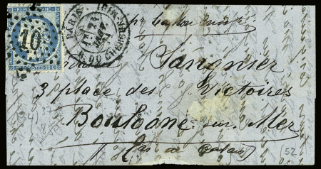 N°37 obl. Étoile 10 + CAD "Paris R. du Cherche-Midi" (21 janv 71) sur ballon monté pour Boulogne-sur-Mer avec arrivée 23 janv 1871 (Le Général Daumesnil)