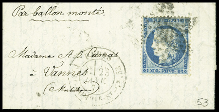 N°37 obl. Étoile 20 + CAD "Paris R. St DOMque St Gn 53" (23 janv 71) sur ballon monté pour Vannes (Morbihan) avec arrivée 31 janv (Le Torricelli). TB