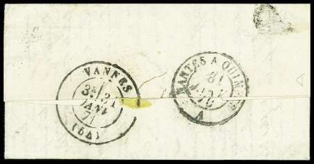 N°37 obl. Étoile 20 + CAD "Paris R. St DOMque St Gn 53" (23 janv 71) sur ballon monté pour Vannes (Morbihan) avec arrivée 31 janv (Le Torricelli). TB