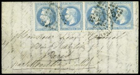 N°29, bande de 4 obl. GC 2145 (Lyon) sur lettre (1 timbre manque). TB