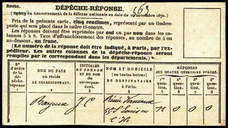 Ensemble de 7 documents sur les dépêches réponse privées (dont 1 AFF n°20 neuf). TB