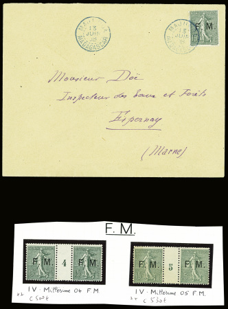 ++ FM n°3, 15c vert, 2 paires avec millésimes 4 et 5 et FM n°3 obl. CAD bleu "Majunga Madagascar" (1908) sur lettre. TB