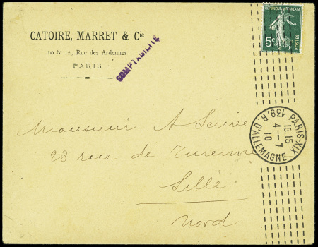 4 plis AFF n°137 obl. Mec d'essai Chambon "Paris 118 R. d'Amsterdam" (1912), CAD Suisse "Ambulant" (1913) et griffe "Gare des hôpitaux Jougne (Doubs)"
