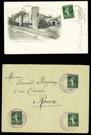 4 plis AFF n°137 obl. Mec d'essai Chambon "Paris 118 R. d'Amsterdam" (1912), CAD Suisse "Ambulant" (1913) et griffe "Gare des hôpitaux Jougne (Doubs)"