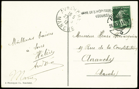 4 plis AFF n°137 obl. Mec d'essai Chambon "Paris 118 R. d'Amsterdam" (1912), CAD Suisse "Ambulant" (1913) et griffe "Gare des hôpitaux Jougne (Doubs)"