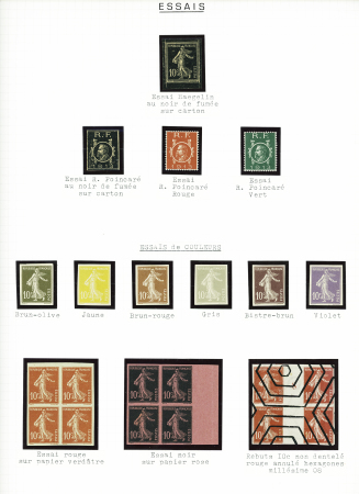 Lot d'essais dont 10c noir Haegelin au noir de fumée, 3 essais avec effigie de Poincaré (RF 1913) et divers ND dont 10c gris, bistre-brun et violet