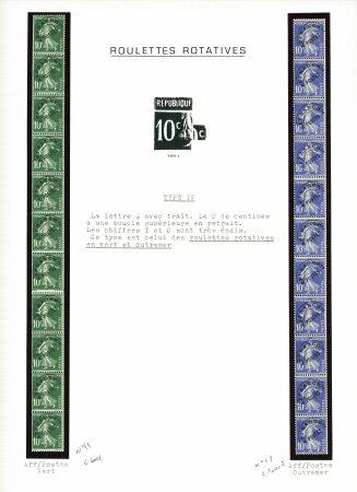 ++ Préo n°44, 10c vert et préo n°48, 10c Outremer, 2 bandes verticales de roulette de 11. TB. Cote 1600€