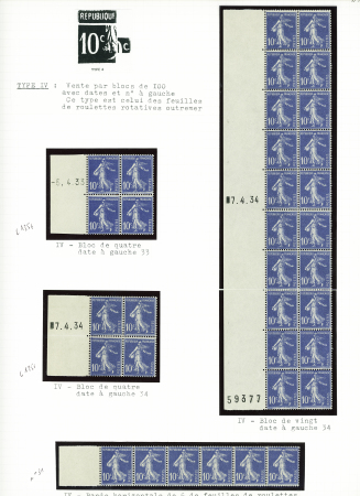 ++ N°279, 10C Outremer , 2 blocs de 4 avec date à gauche 5.4.33 et 7.4.34 + bloc de 20 avec date à gauche 7.4.34 + bande horizontale de 6