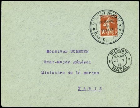 N°138 obl. Cachet noir type 2 "République française iles Kerguelen résidence de France", à côté CAD de transit "Point Natal" (1 mars 1912) sur lettre pour Paris