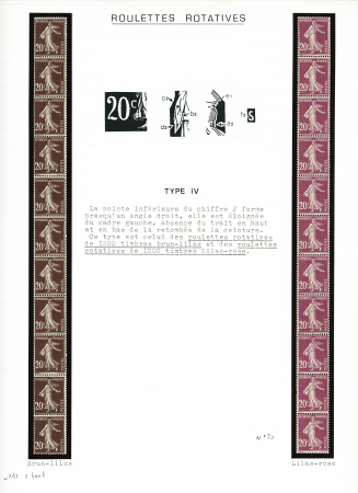 ++ 2 bandes de roulette de 11 timbres n°13, 20c brun-lilas et n°30, 20c lilas-rose. TB