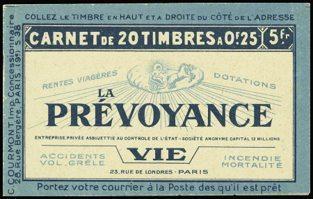 ++ Carnet n°140 CA2 (S.38 - Couverture La Prévoyance vie et bijoux Oria avec timbres surchargés "Annulé". RR et TB. Cote 6000€