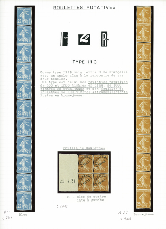 ++ Roulettes n°14, 25c bleu et n°25, 25c brun-jaune en bandes verticales de 11 + ^réo n°57, 25c brun-jaune en bloc de 4 avec date à gauche. TB
