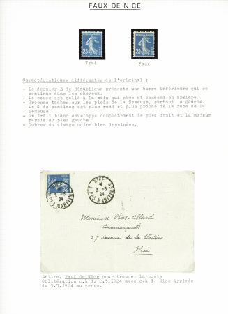 N°140, faux de Nice obl. CAD "Nice Alpes Maritimes" (2.3.24) sur lettre, est joint un exemplaire neuf ++. TB