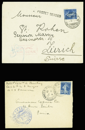 2 lettres AFF n°140 obl. CAD anglais "Field post office SW1" (1918) et CAD serbe (1917) + griffe "postes serbes". TB