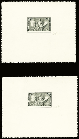 50c +10c Art et Pensée n°307, 2 épreuves d'artiste en noir au type non adopté (divinité sur un cheval ailé). TB